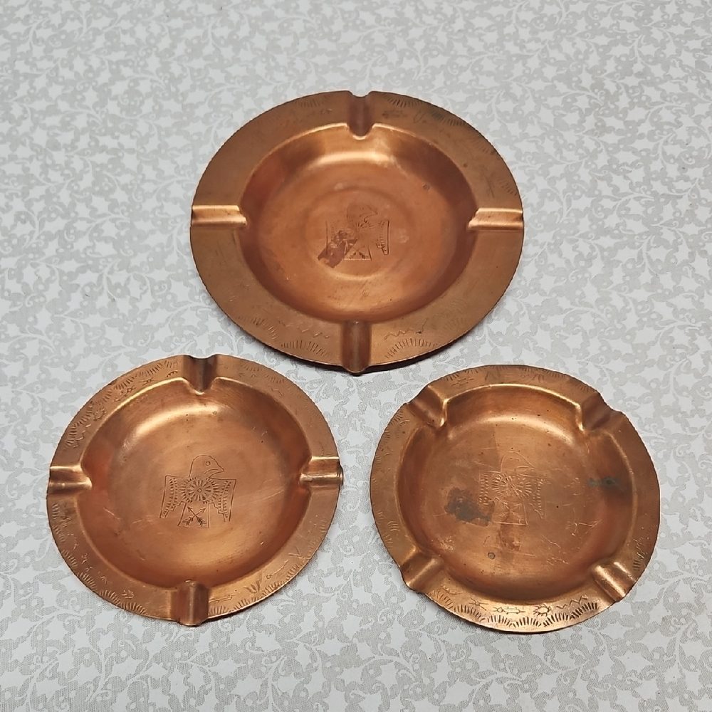 Vintage Copper Southwest Thunderbird Ashtrays Native American Indian Symbols